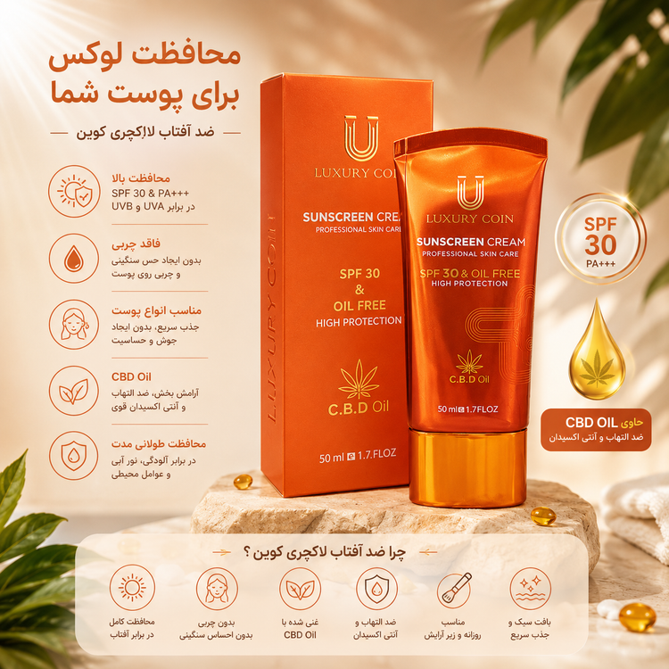 کرم ضد آفتاب SPF30 لاکچری کوین مناسب پوست چرب