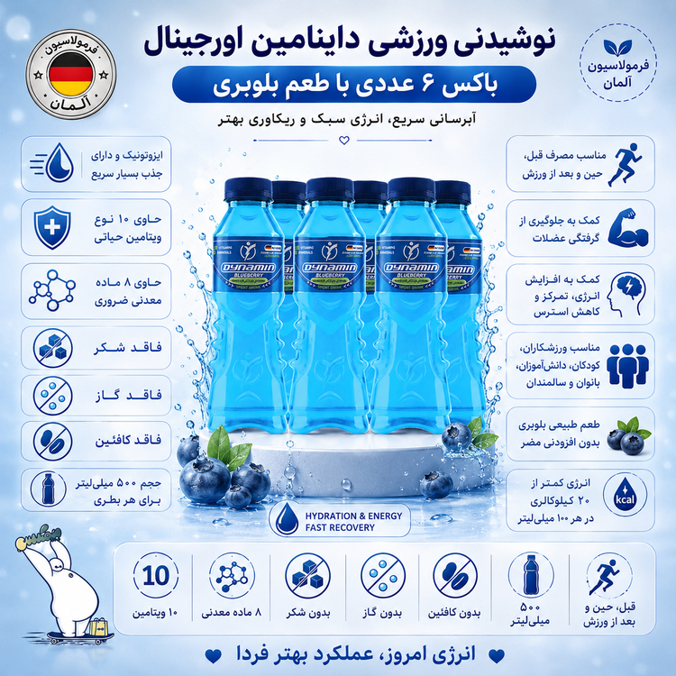 نوشیدنی ورزشی داینامین بلوبری باکس ۶ عددی
