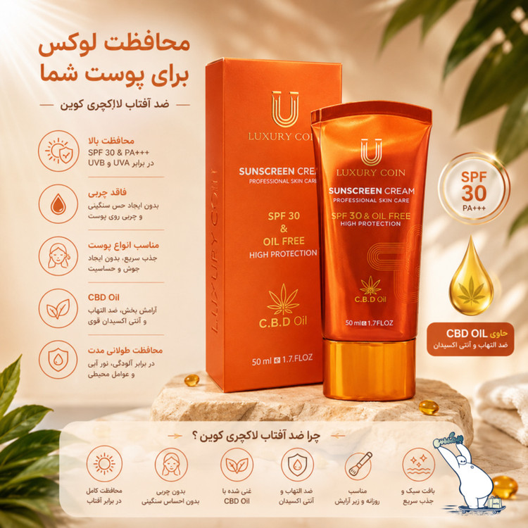 کرم ضد آفتاب SPF30 لاکچری کوین مناسب پوست چرب