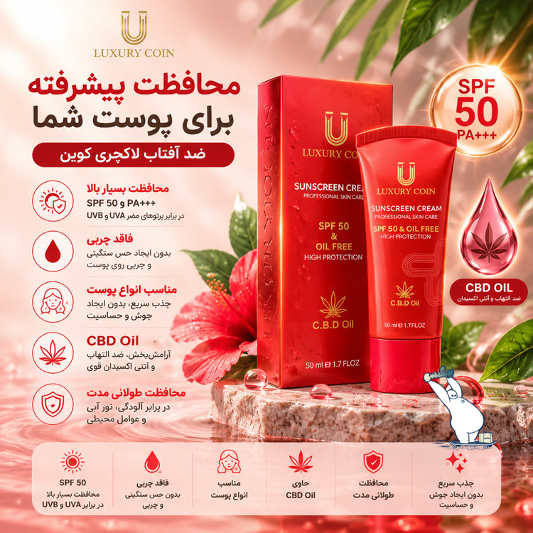 کرم ضد آفتاب لاکچری کوین SPF50 مناسب پوست چرب